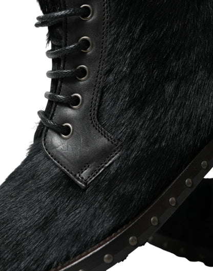 Dolce & Gabbana Black Pony Style Leather Mid Calf Boots Shoes - SMARTMARTNZ