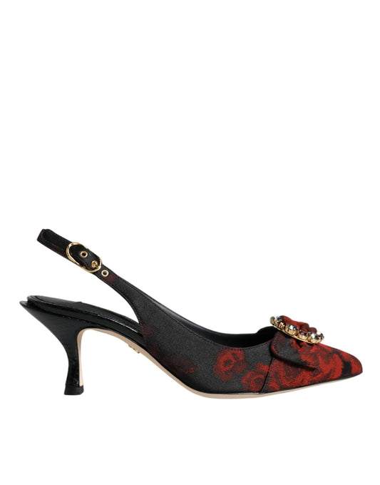 Dolce & Gabbana Black Red Floral Crystal Heel Slingback Shoes - SMARTMARTNZ