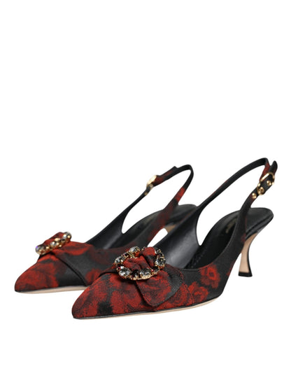 Dolce & Gabbana Black Red Floral Crystal Heel Slingback Shoes - SMARTMARTNZ