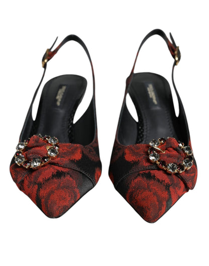 Dolce & Gabbana Black Red Floral Crystal Heel Slingback Shoes - SMARTMARTNZ