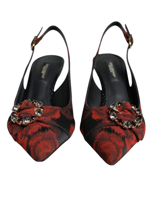 Dolce & Gabbana Black Red Floral Crystal Heel Slingback Shoes - SMARTMARTNZ