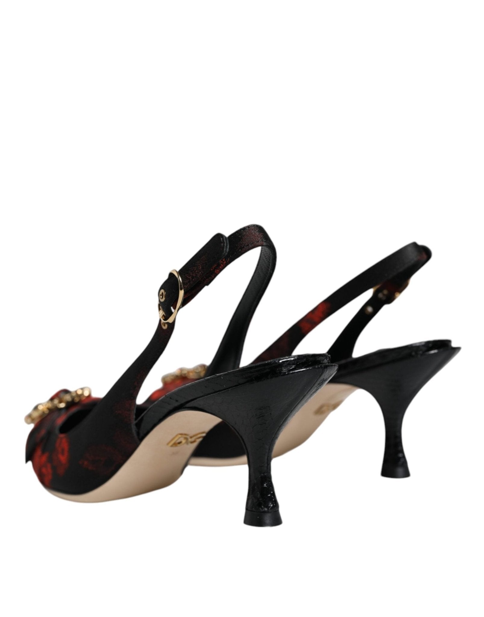 Dolce & Gabbana Black Red Floral Crystal Heel Slingback Shoes - SMARTMARTNZ