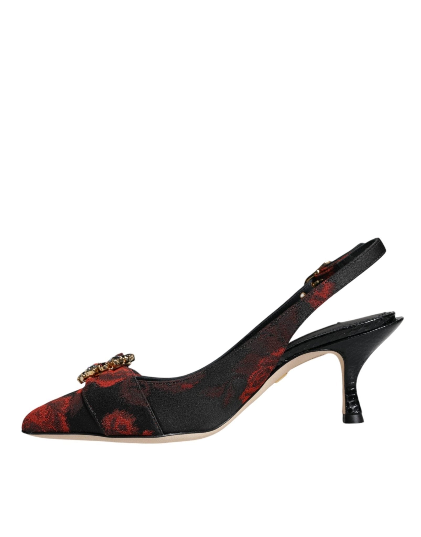 Dolce & Gabbana Black Red Floral Crystal Heel Slingback Shoes - SMARTMARTNZ