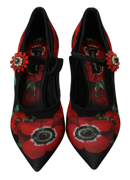 Dolce & Gabbana Black Red Floral Mary Janes Pumps Shoes - SMARTMARTNZ