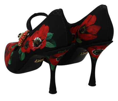 Dolce & Gabbana Black Red Floral Mary Janes Pumps Shoes - SMARTMARTNZ