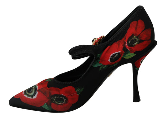 Dolce & Gabbana Black Red Floral Mary Janes Pumps Shoes - SMARTMARTNZ