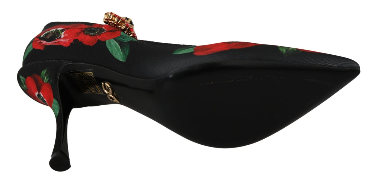 Dolce & Gabbana Black Red Floral Mary Janes Pumps Shoes - SMARTMARTNZ