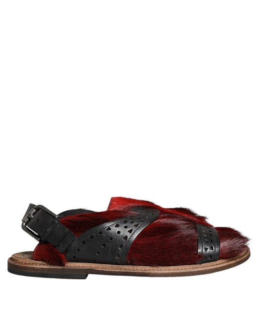 Dolce & Gabbana Black Red Gazelle Hair Leather Sandals Shoes - SMARTMARTNZ