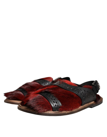 Dolce & Gabbana Black Red Gazelle Hair Leather Sandals Shoes - SMARTMARTNZ
