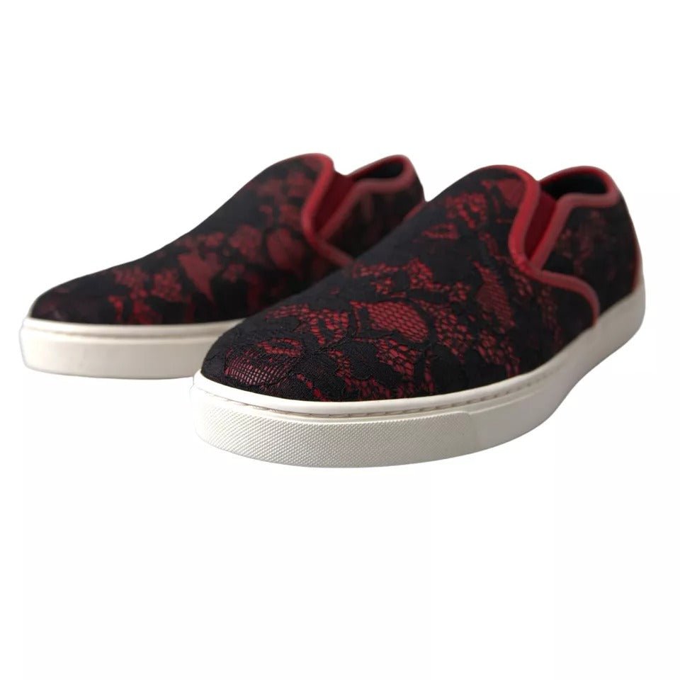 Dolce & Gabbana Black Red Lace Slip On Low Top Sneakers Shoes - SMARTMARTNZ