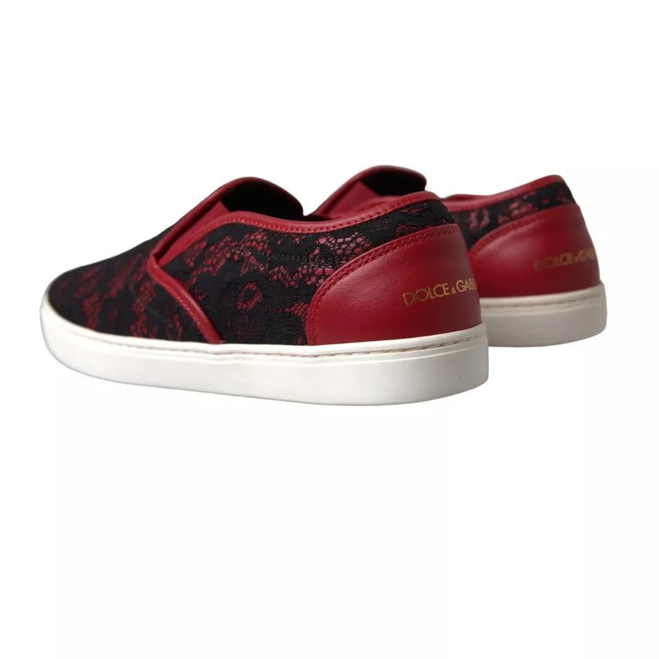 Dolce & Gabbana Black Red Lace Slip On Low Top Sneakers Shoes - SMARTMARTNZ