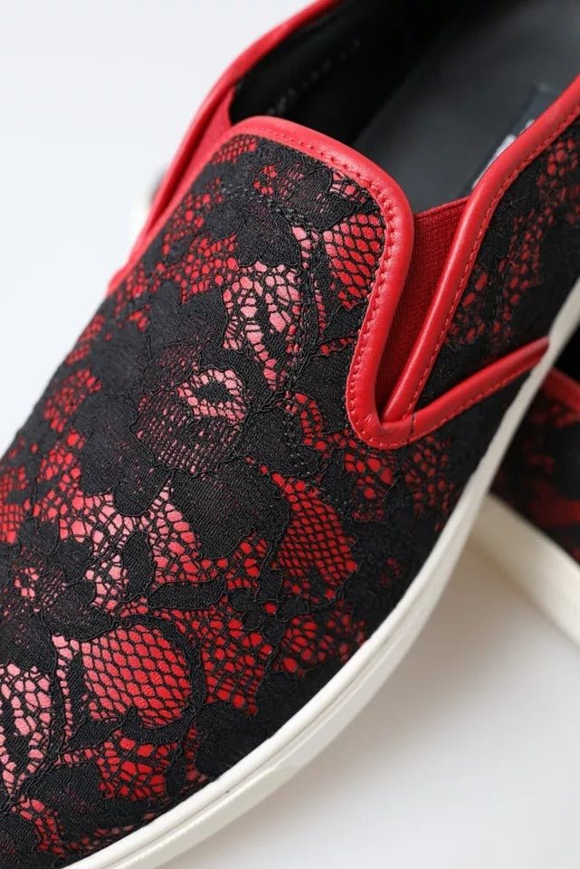 Dolce & Gabbana Black Red Lace Slip On Low Top Sneakers Shoes - SMARTMARTNZ