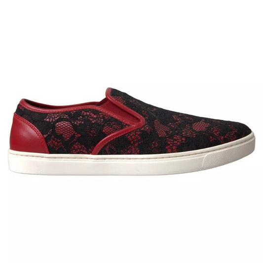 Dolce & Gabbana Black Red Lace Slip On Low Top Sneakers Shoes - SMARTMARTNZ