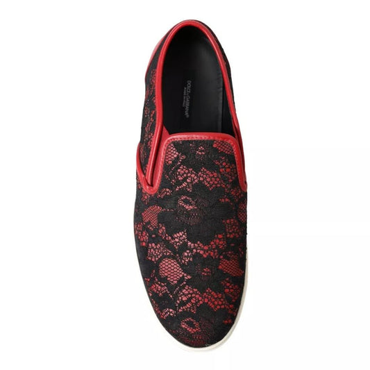 Dolce & Gabbana Black Red Lace Slip On Low Top Sneakers Shoes - SMARTMARTNZ
