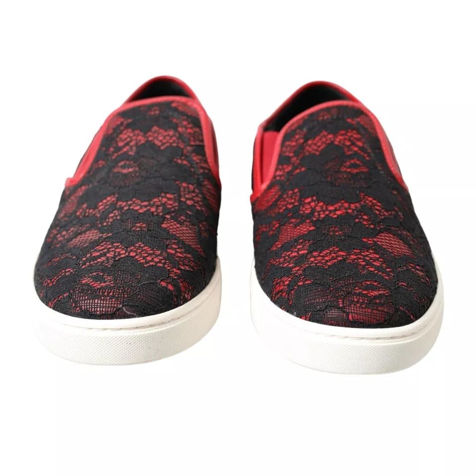 Dolce & Gabbana Black Red Lace Slip On Low Top Sneakers Shoes - SMARTMARTNZ