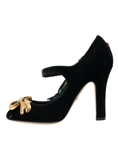 Dolce & Gabbana Black Roses Crystal Brooch Mary Jane Shoes - SMARTMARTNZ