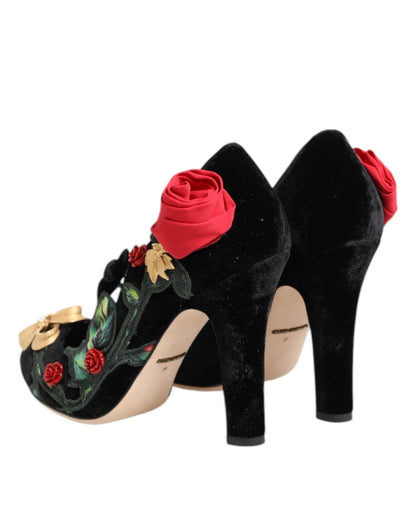 Dolce & Gabbana Black Roses Crystal Brooch Mary Jane Shoes - SMARTMARTNZ