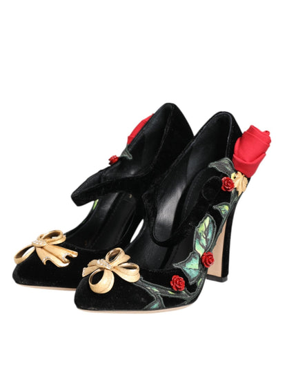 Dolce & Gabbana Black Roses Crystal Brooch Mary Jane Shoes - SMARTMARTNZ