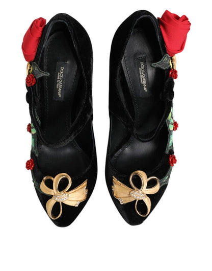 Dolce & Gabbana Black Roses Crystal Brooch Mary Jane Shoes - SMARTMARTNZ