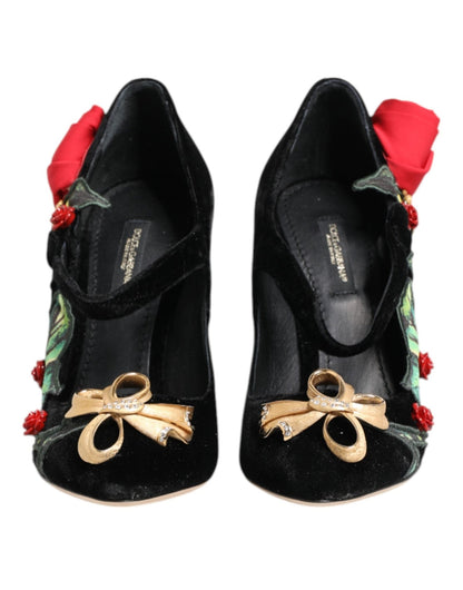 Dolce & Gabbana Black Roses Crystal Brooch Mary Jane Shoes - SMARTMARTNZ