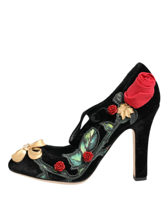 Dolce & Gabbana Black Roses Crystal Brooch Mary Jane Shoes - SMARTMARTNZ
