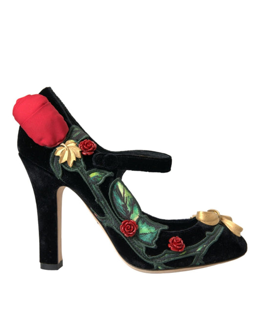 Dolce & Gabbana Black Roses Crystal Brooch Mary Jane Shoes - SMARTMARTNZ