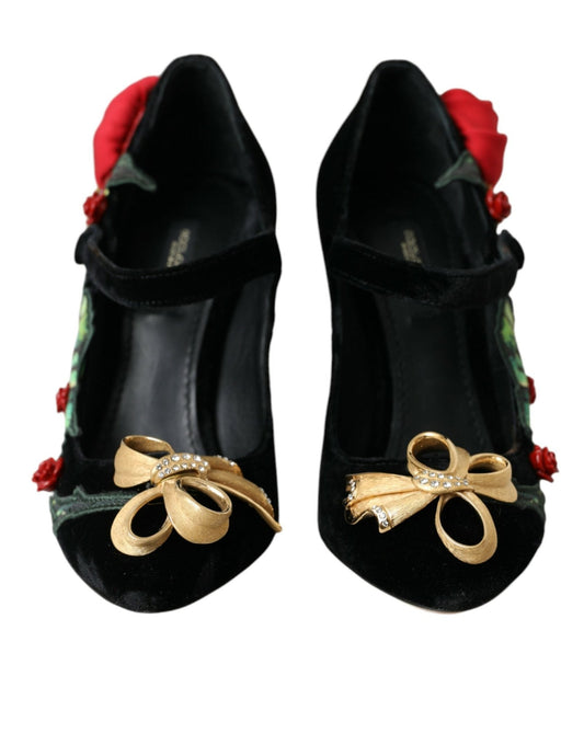 Dolce & Gabbana Black Roses Crystal Brooch Mary Jane Shoes - SMARTMARTNZ