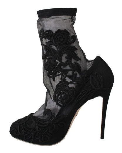Dolce & Gabbana Black Roses Stilettos Booties Socks Shoes - SMARTMARTNZ