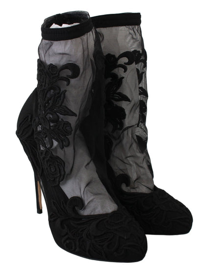 Dolce & Gabbana Black Roses Stilettos Booties Socks Shoes - SMARTMARTNZ