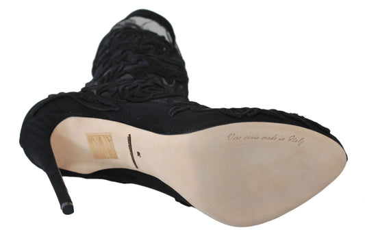 Dolce & Gabbana Black Roses Stilettos Booties Socks Shoes - SMARTMARTNZ