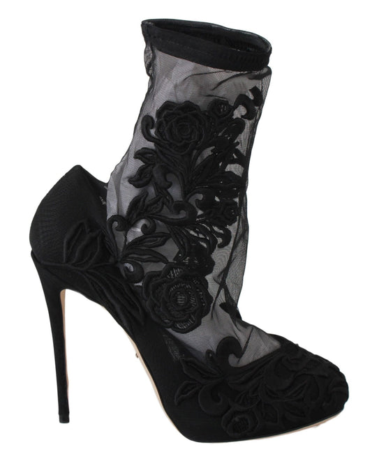 Dolce & Gabbana Black Roses Stilettos Booties Socks Shoes - SMARTMARTNZ