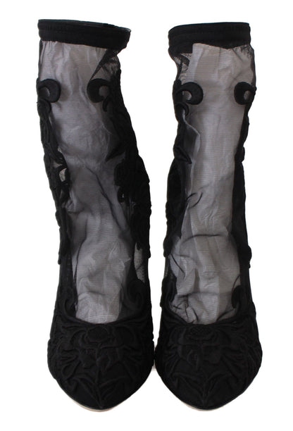 Dolce & Gabbana Black Roses Stilettos Booties Socks Shoes - SMARTMARTNZ