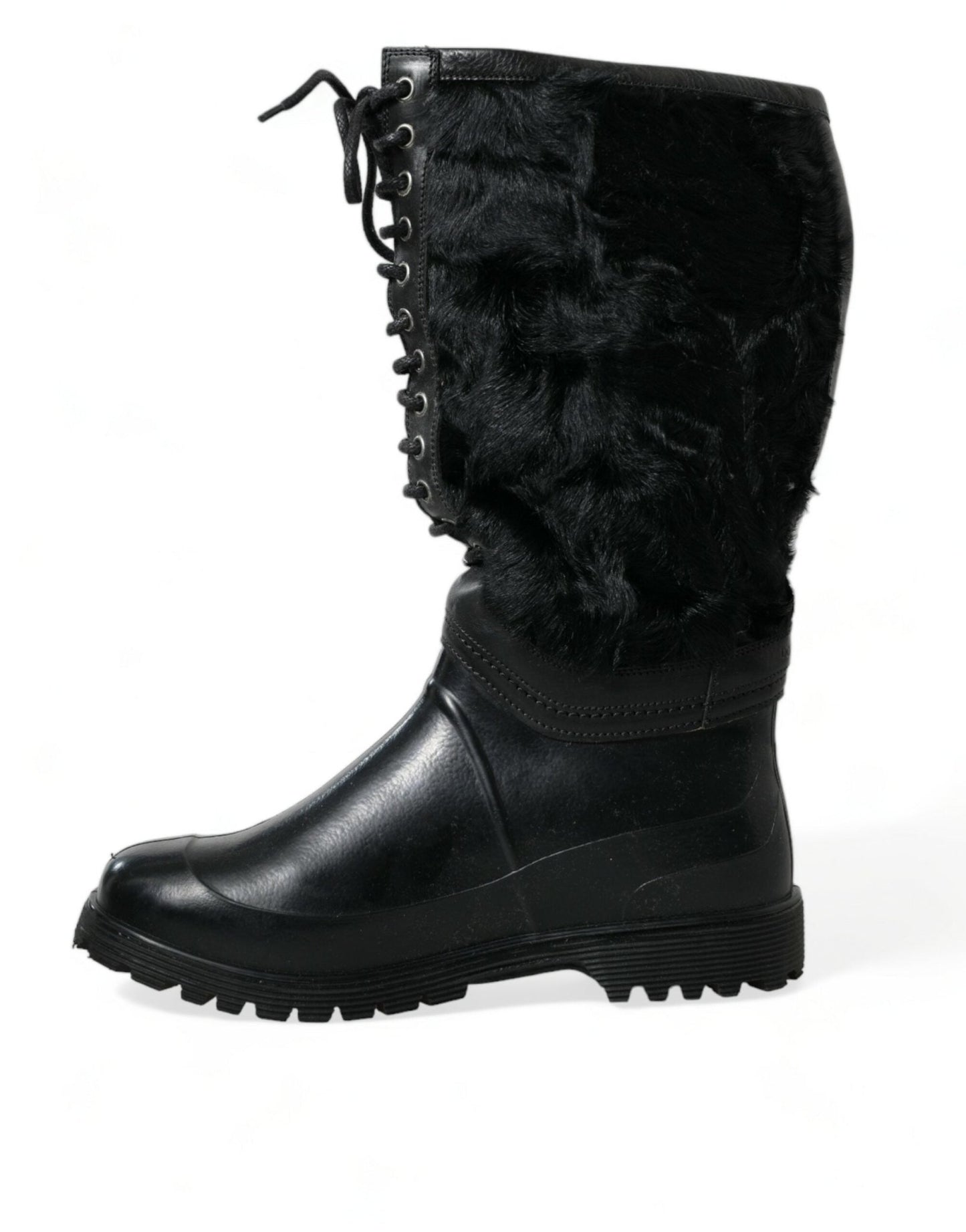 Dolce & Gabbana Black Rubber Lace Up Shearling Rain Boots Shoes - SMARTMARTNZ