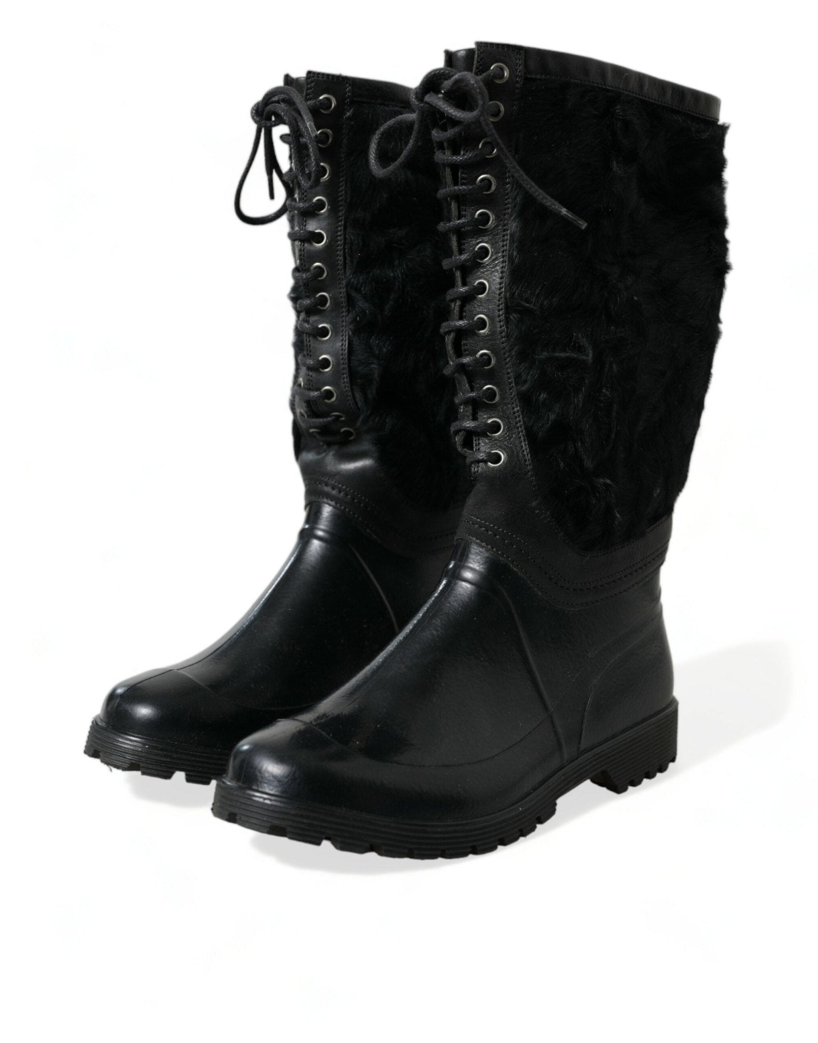 Dolce & Gabbana Black Rubber Lace Up Shearling Rain Boots Shoes - SMARTMARTNZ
