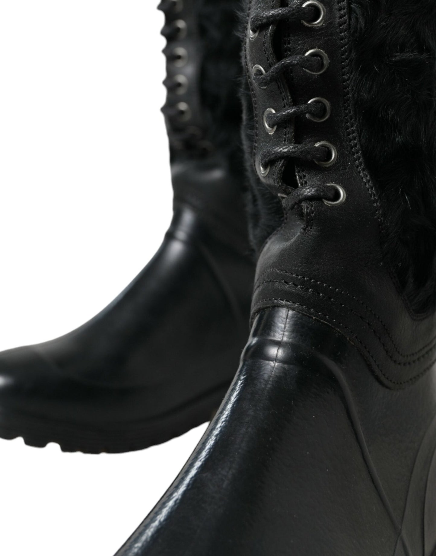 Dolce & Gabbana Black Rubber Lace Up Shearling Rain Boots Shoes - SMARTMARTNZ