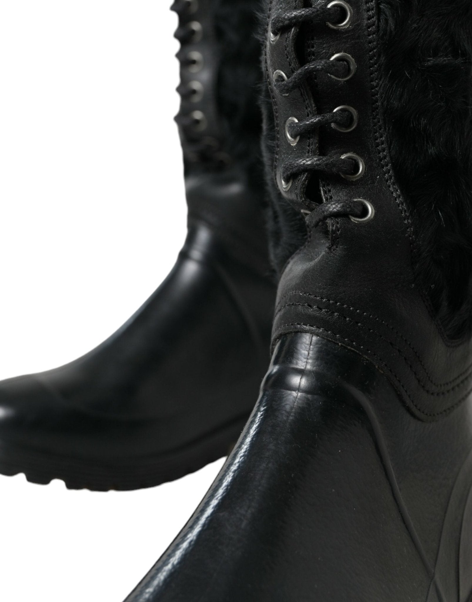Dolce & Gabbana Black Rubber Lace Up Shearling Rain Boots Shoes - SMARTMARTNZ