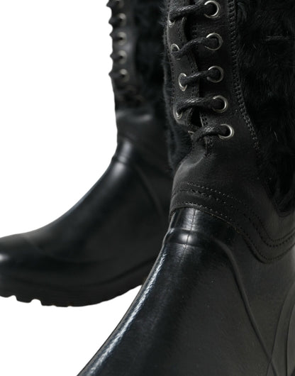 Dolce & Gabbana Black Rubber Lace Up Shearling Rain Boots Shoes - SMARTMARTNZ