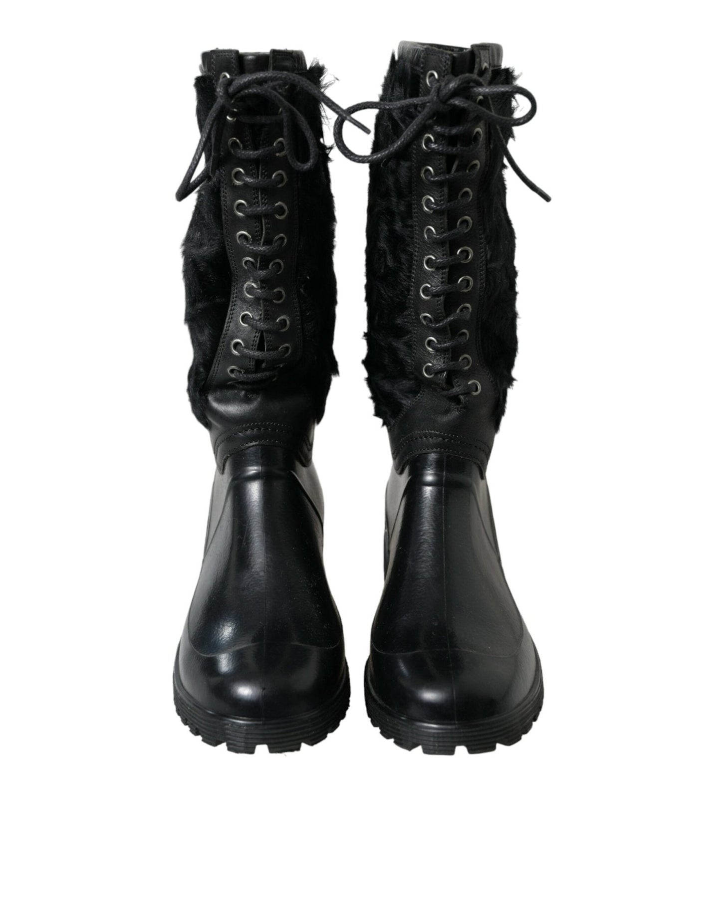 Dolce & Gabbana Black Rubber Lace Up Shearling Rain Boots Shoes - SMARTMARTNZ