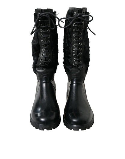 Dolce & Gabbana Black Rubber Lace Up Shearling Rain Boots Shoes - SMARTMARTNZ