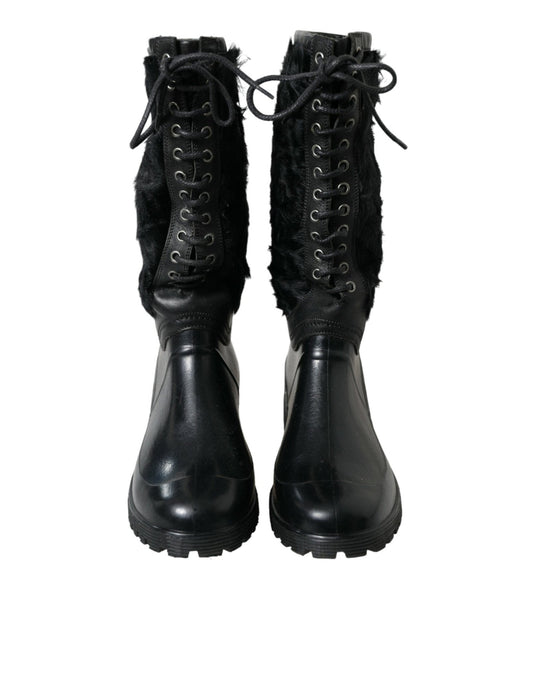 Dolce & Gabbana Black Rubber Lace Up Shearling Rain Boots Shoes - SMARTMARTNZ