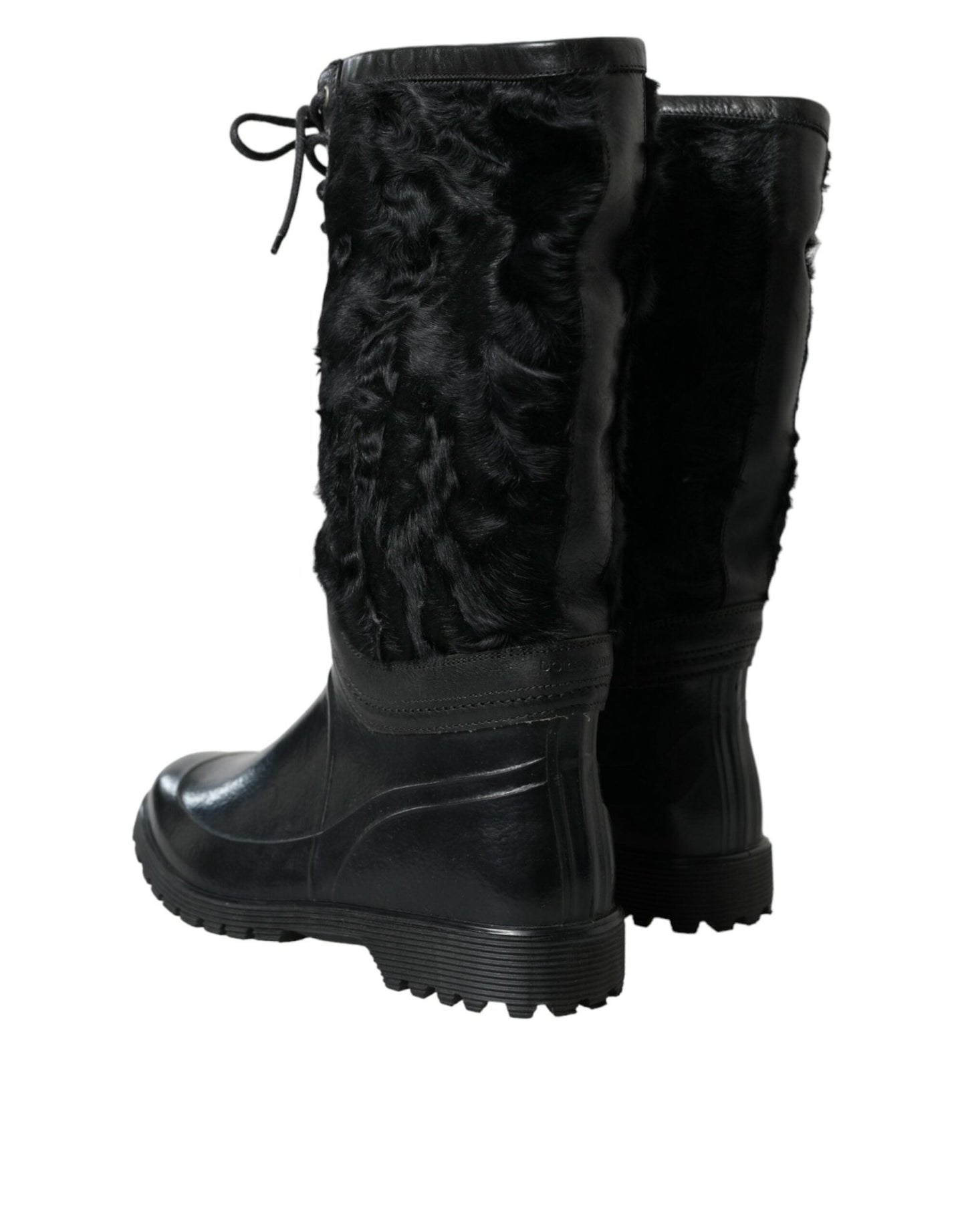 Dolce & Gabbana Black Rubber Lace Up Shearling Rain Boots Shoes - SMARTMARTNZ