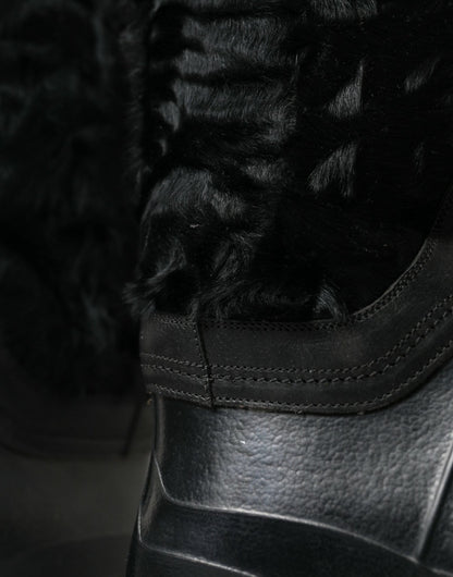 Dolce & Gabbana Black Rubber Lace Up Shearling Rain Boots Shoes - SMARTMARTNZ