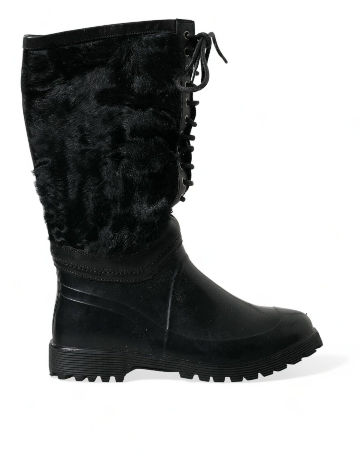 Dolce & Gabbana Black Rubber Lace Up Shearling Rain Boots Shoes - SMARTMARTNZ