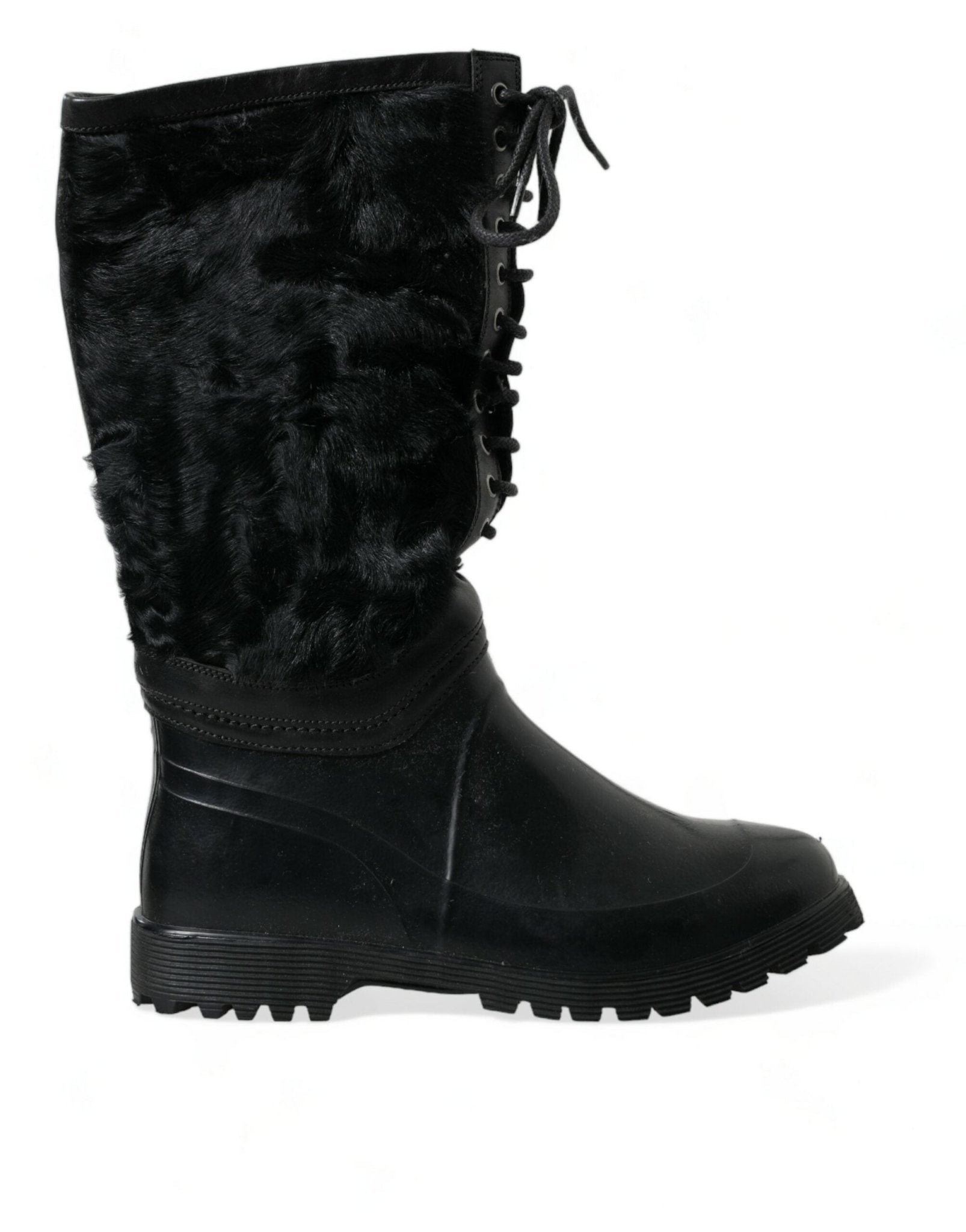 Dolce & Gabbana Black Rubber Lace Up Shearling Rain Boots Shoes - SMARTMARTNZ