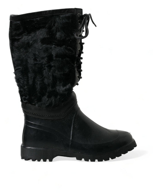 Dolce & Gabbana Black Rubber Lace Up Shearling Rain Boots Shoes - SMARTMARTNZ