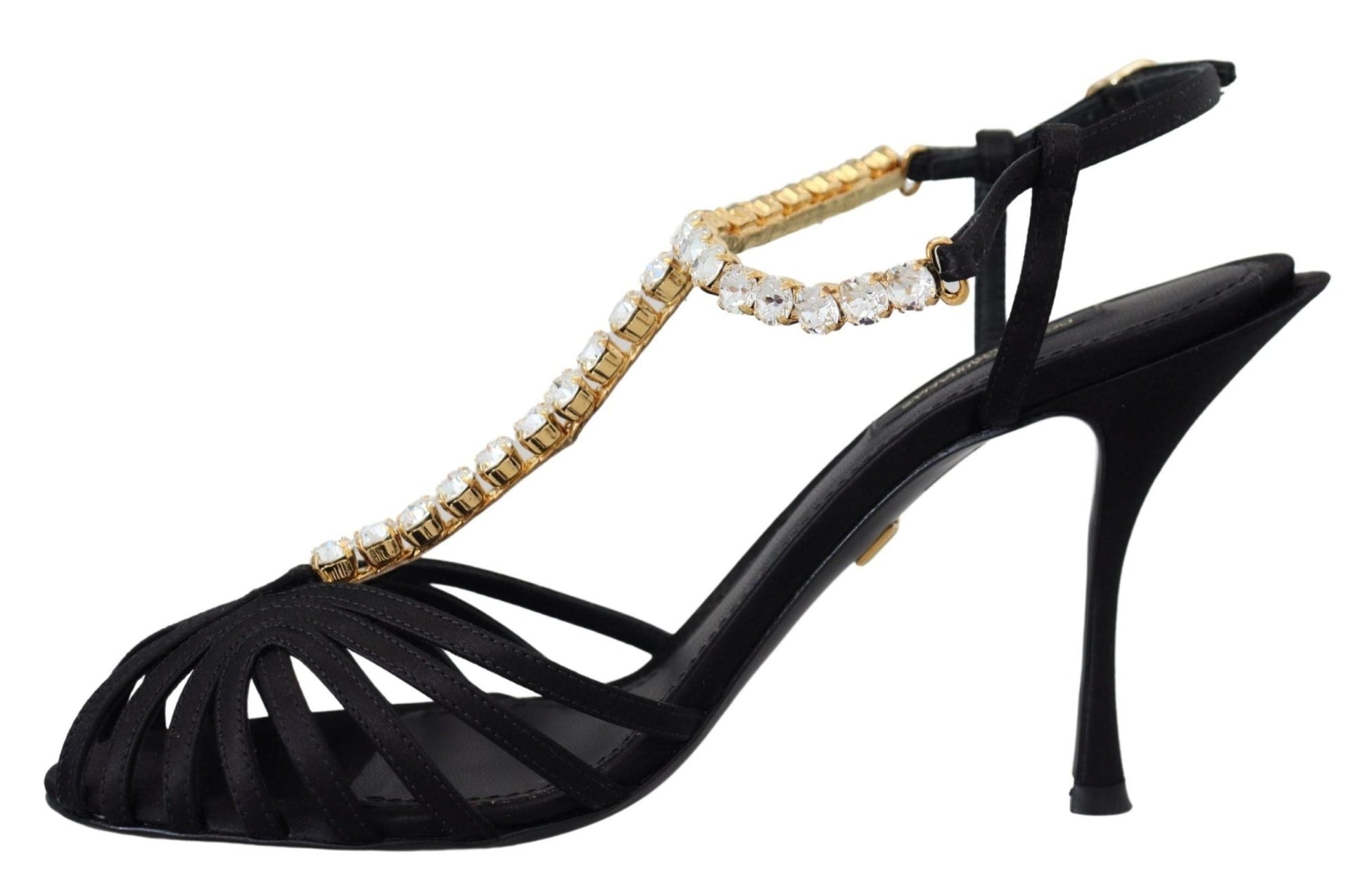 Dolce & Gabbana Black Satin Clear Crystal T - strap Sandal Shoes - SMARTMARTNZ
