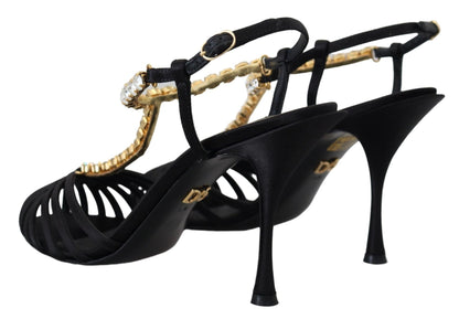 Dolce & Gabbana Black Satin Clear Crystal T - strap Sandal Shoes - SMARTMARTNZ