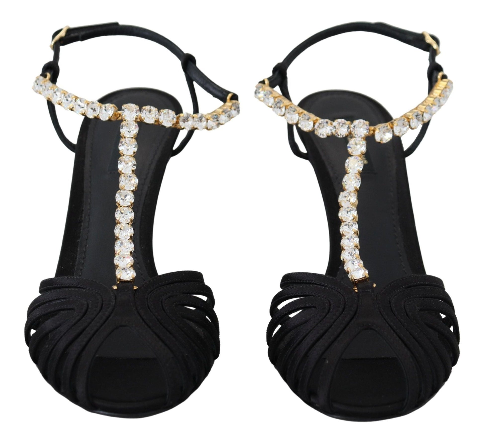 Dolce & Gabbana Black Satin Clear Crystal T - strap Sandal Shoes - SMARTMARTNZ