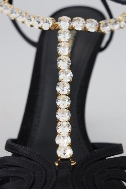 Dolce & Gabbana Black Satin Clear Crystal T - strap Sandal Shoes - SMARTMARTNZ