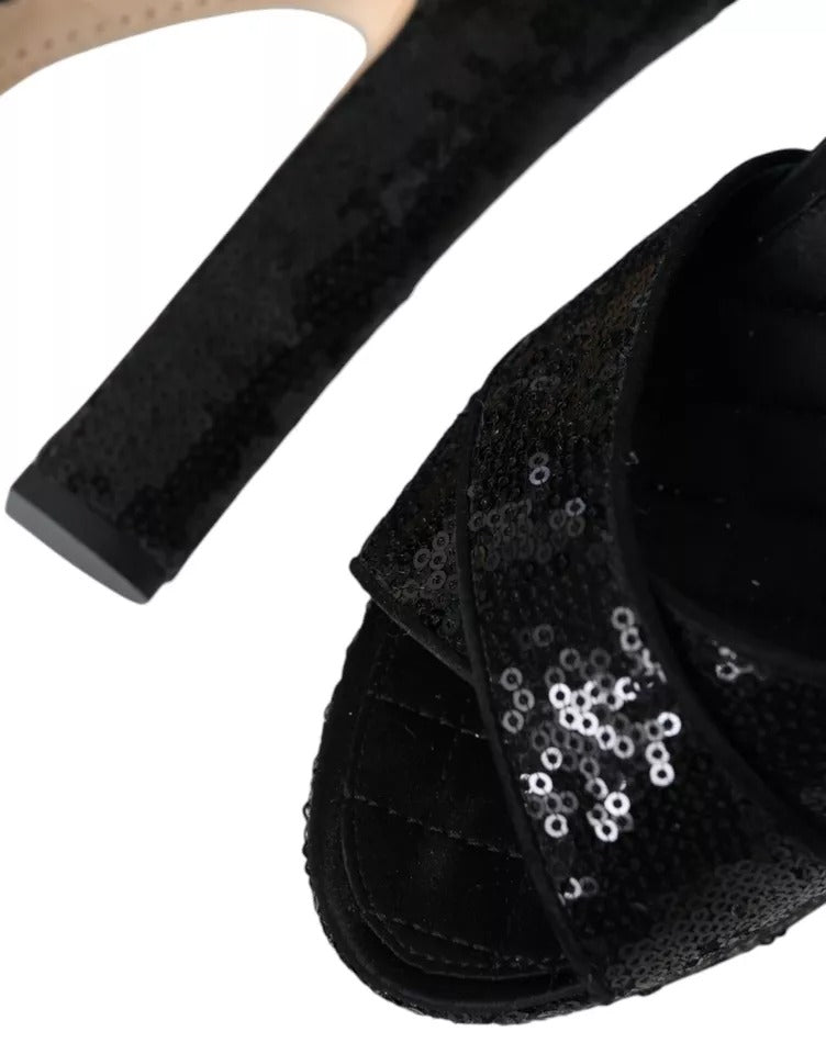 Dolce & Gabbana Black Sequin Ankle Strap Heels Sandals Shoes - SMARTMARTNZ